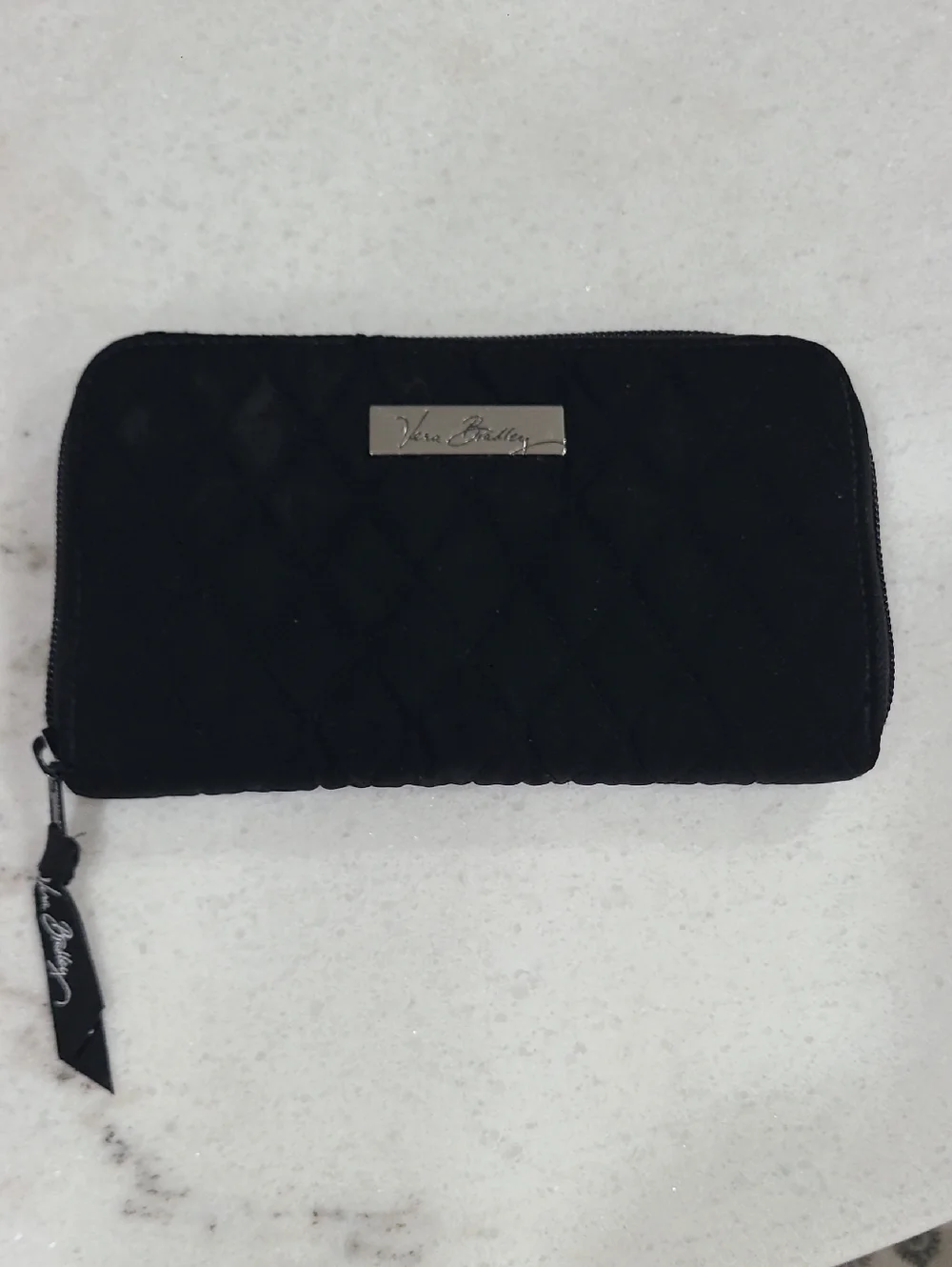 Vera Bradley Black Quilted Zip-Around Wallet with Logo Plate